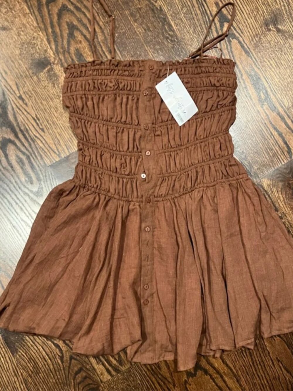 12th Tribe Smocked Mini Dress Brown XS Ruched Button Front NWT - Picture 3 of 7